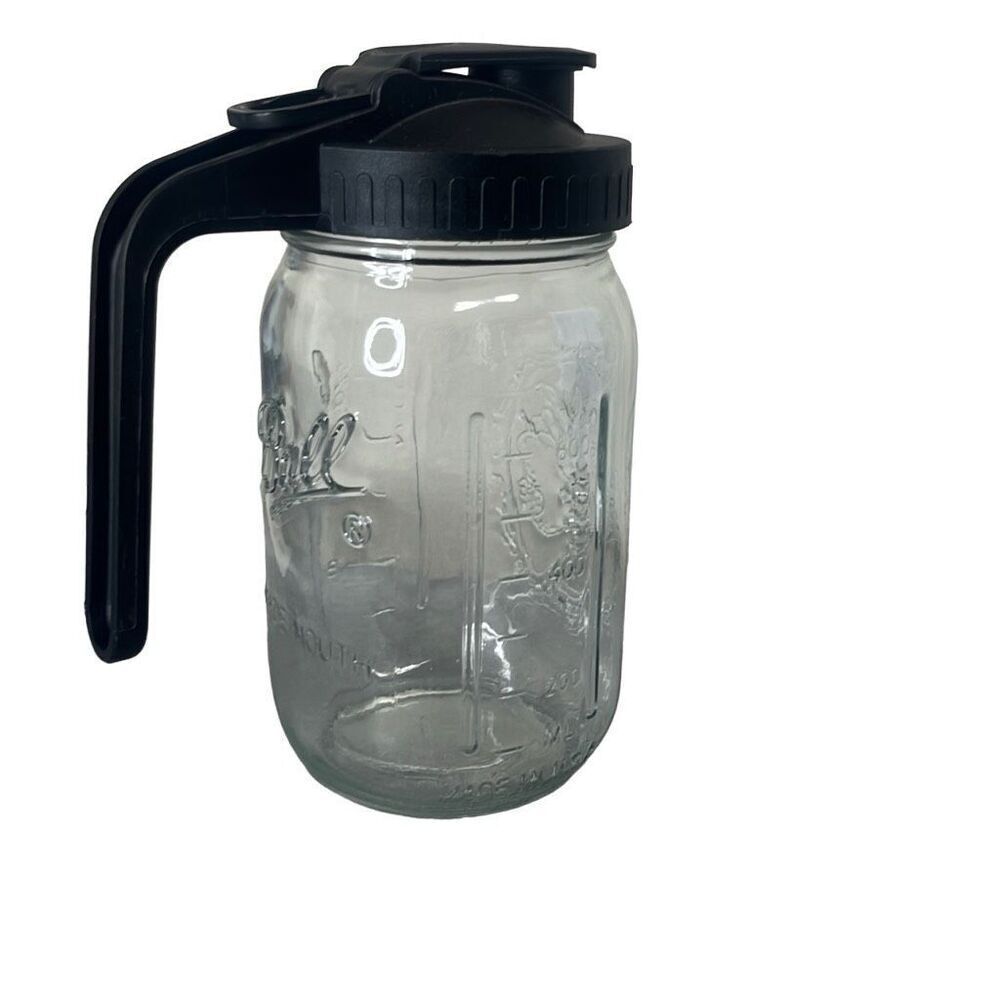 Ball Wide Mouth Glass Drinking Jar Pitcher with Black Lid Clear Fruit Design New